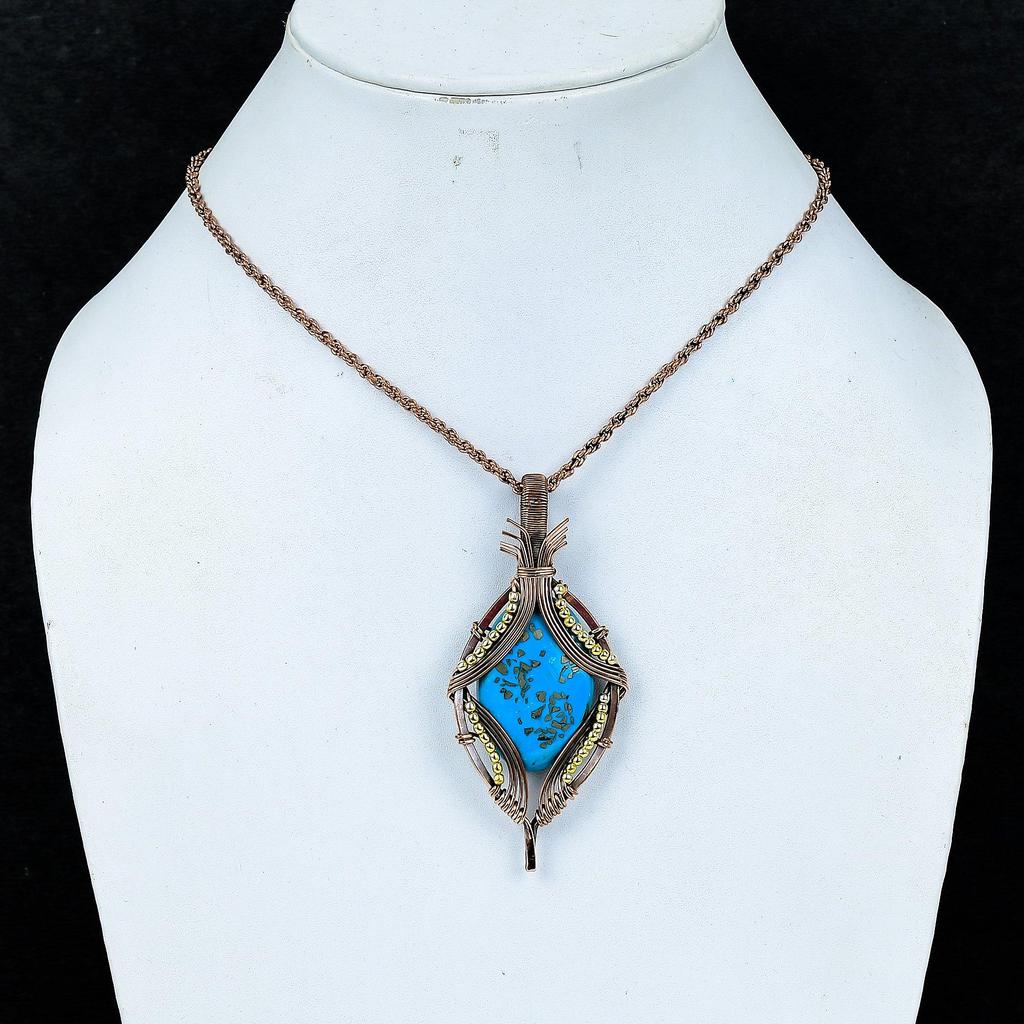 Бирюзовый кулон, обернутый медной проволокой 999 пробы, кулон ручной работы с драгоценным камнем, подарок на день рождения