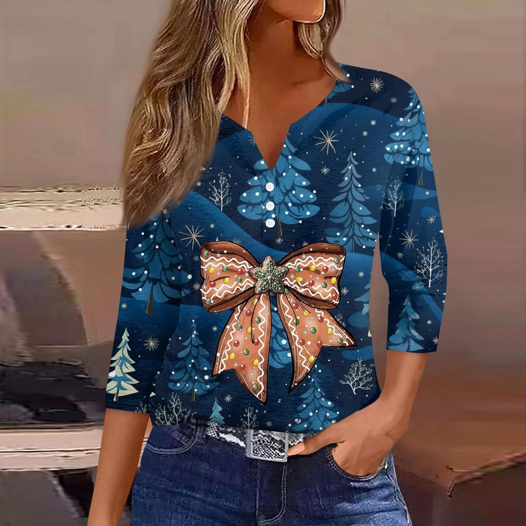 Женская рубашка с рукавом семь дюймов, напечатанная в стиле ретро, повседневная, свободная, с V-образным вырезом, рождественская