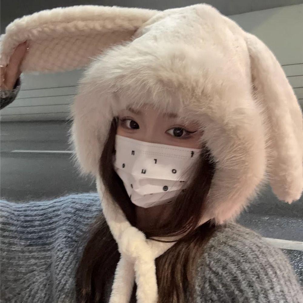 Warm Plush Ear Protection Hat Cute Bucket Hat New Big Rabbit Ears Hat Women