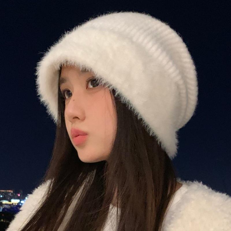Autumn and winter hats, women's wool knitted hats, big head circumference headgear, rabbit fur, fleece, ear protectors, warm and cold hats.