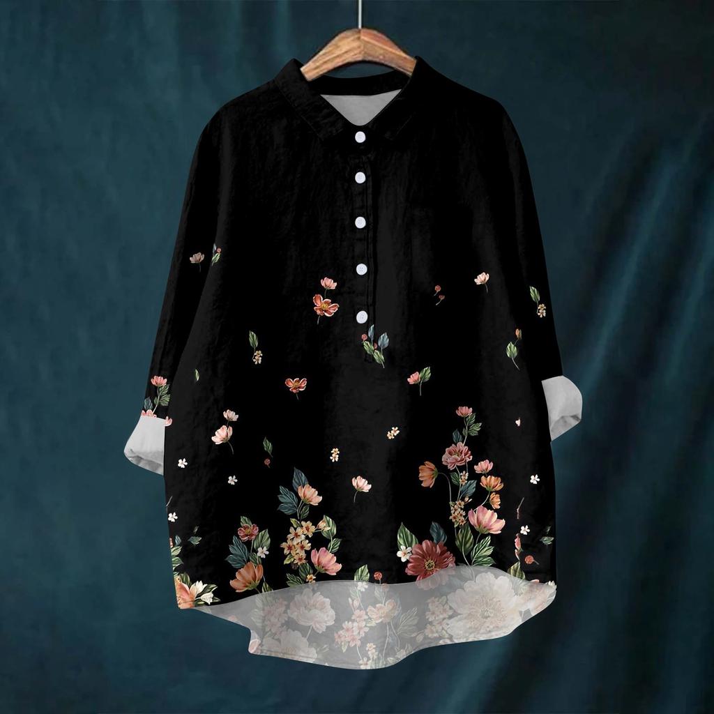 Women's Shirt Blouse Long-sleeved With Buttons Print Casual Hem Irregular Shirt Collar Top