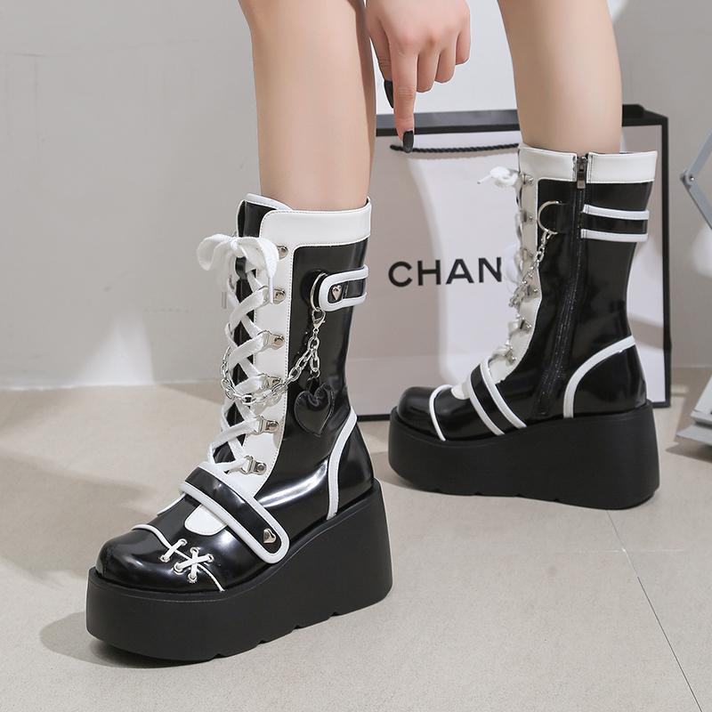 Kawaii Sweet New Gothic Platform Mid Calf Boots Women Street Autumn Wedges High Heels Punk Boots Girls Cute Cosplay Women Shoes