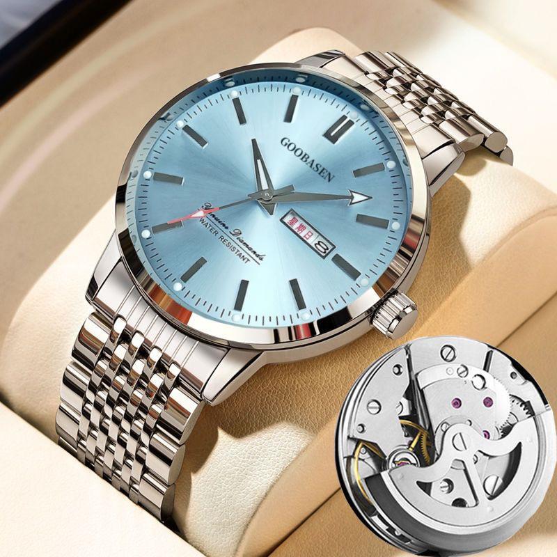 Мужские полностью автоматические светящиеся механические часы - Водонепроницаемые, Модные, Дизайн с полым корпусом и двойным календарем.