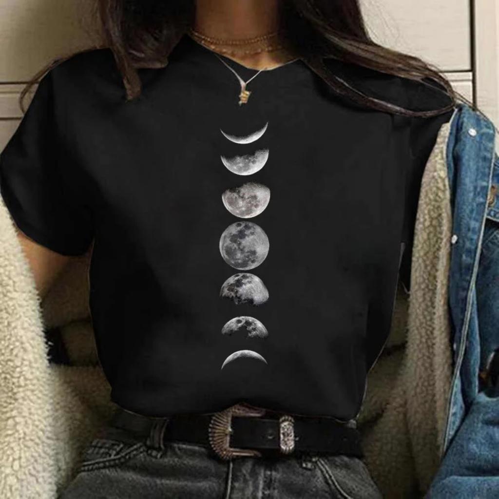 Summer Fashion T Shirt Women Half Moon Harajuku 90s Korean Style Print O-Neck Short Sleeve Fashion Casual Female Tee Tops