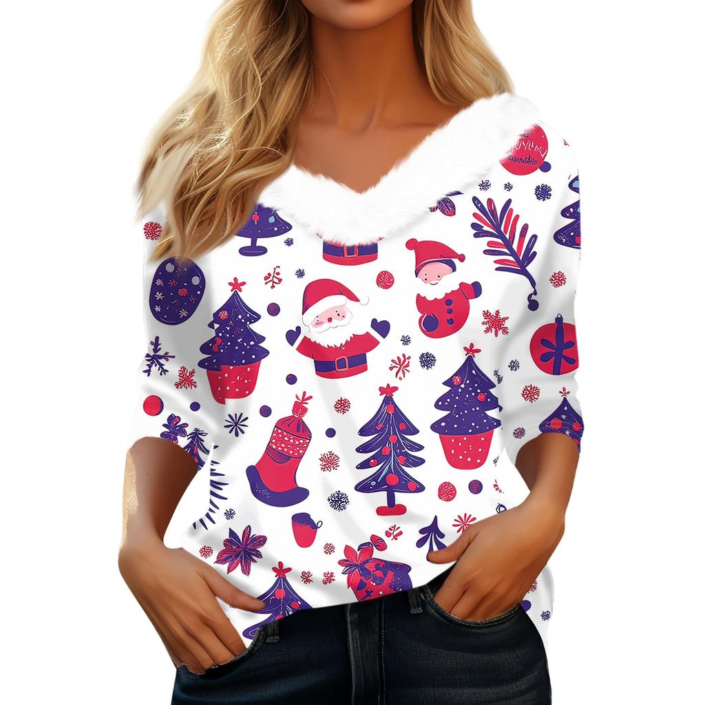 Рубашки с рукавом 3/4 для женщин, рождественские футболки с графическим принтом, блузки, повседневные базовые топы на пуговицах больших размеров, пуловеры