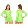 Women Glossy Dresses Dance Leotard Long Sleeve Ruffled Dress Sportswear
