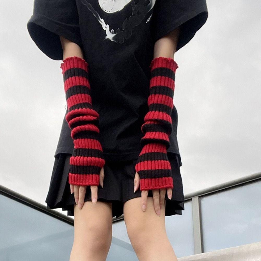 Lolita Long Fingerless Gloves Y2K Fingerless Arm Warmers Arm Cover Striped Knitted Arm Sleeves JK