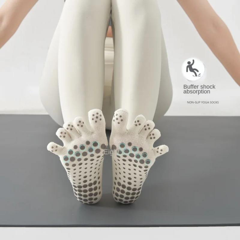 Весенне-летние противоскользящие носки для йоги для женщин, однотонные хлопковые впитывающие пот носки с открытой спиной и пятью пальцами, модные универсальные носки с завязками на батуте
