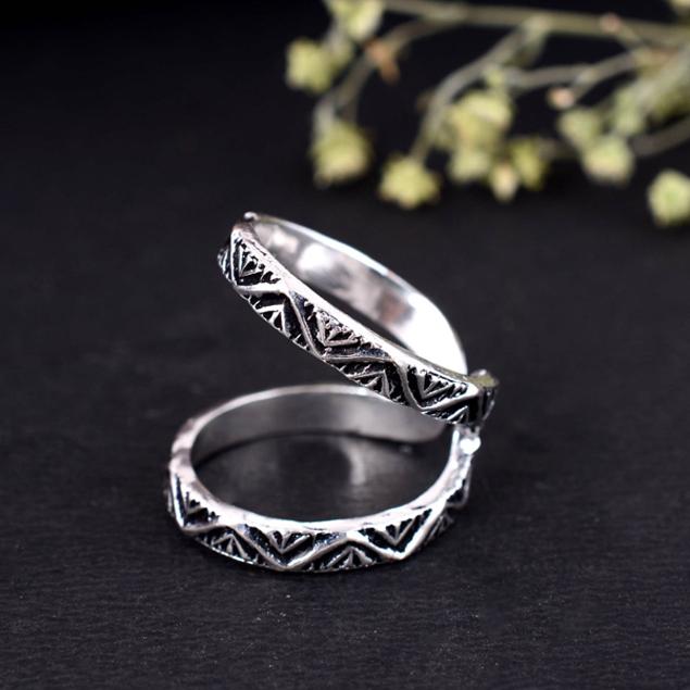 Geometric Double Band Ring | Wide Adjustable Tribal Knuckle Ring | Oxidized Silver Boho Statement Ring | Open Split Shank Mid-Finger Jewelry