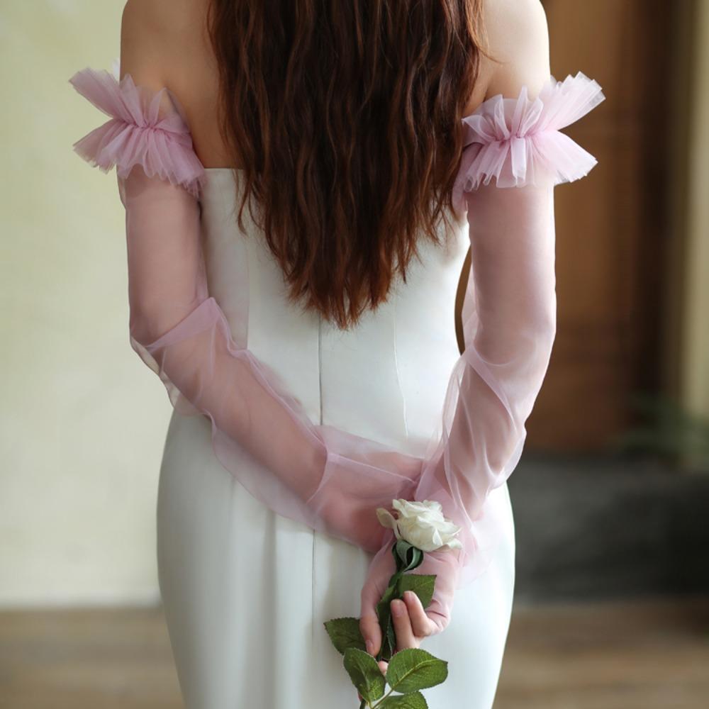 Korean Style Wedding Long Sleeves Solid Color Pleated Lace Arm Covers Bridal Arm Sleeves Female