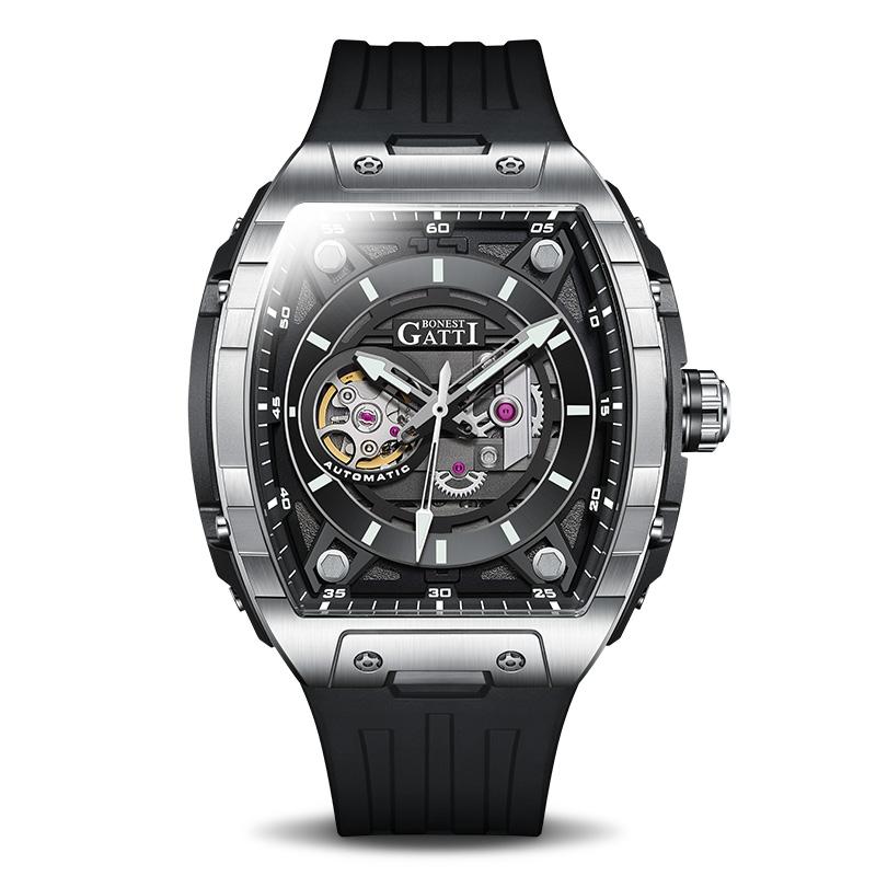 BONEST GATTI Men's Mechanical Watch-Hollow-Out Mechanical Movement Top Brand Original Sapphire Crystal Luminous Watch with Rubbe