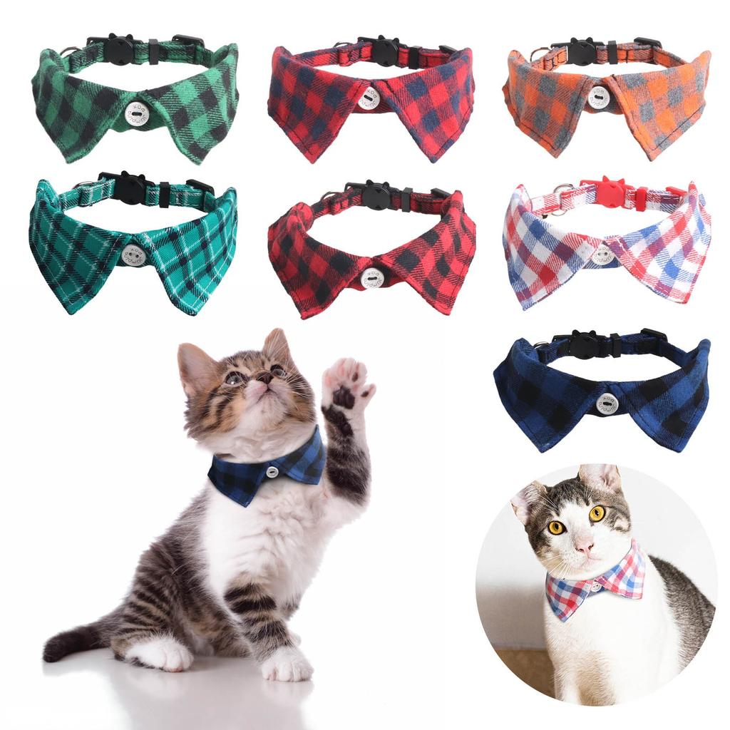 (Qunide) Cat Collar Breakaway With Cute Bow Tie And Bell Plaid For Kitty Adjustable Safety