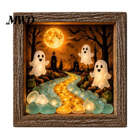 Wood Glass Picture Frame Halloween Shadow Box DIY Lighted Craft Kit, Wooden Night Light with Gothic Style Lamp Sea Stones, LED Memory Display Case for