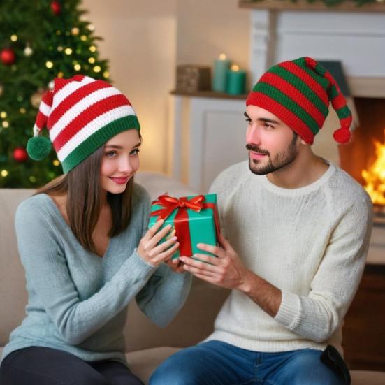 Шапка Санты Красно-бело-зеленая полосатая вязаная рождественская шапка с плюшевым помпоном Праздничный аксессуар