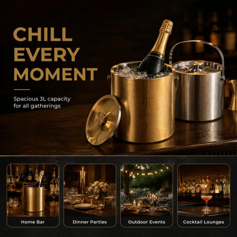 Double-Wall Stainless Steel Ice Bucket With Lid Insulated Drink Cooler Wine Chiller Events