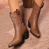 Women's Wide Width Pointed Toe Cowboy Boots, Chunky Heel Western Leather Boots, Vintage Slip-On Martin Booties for Women