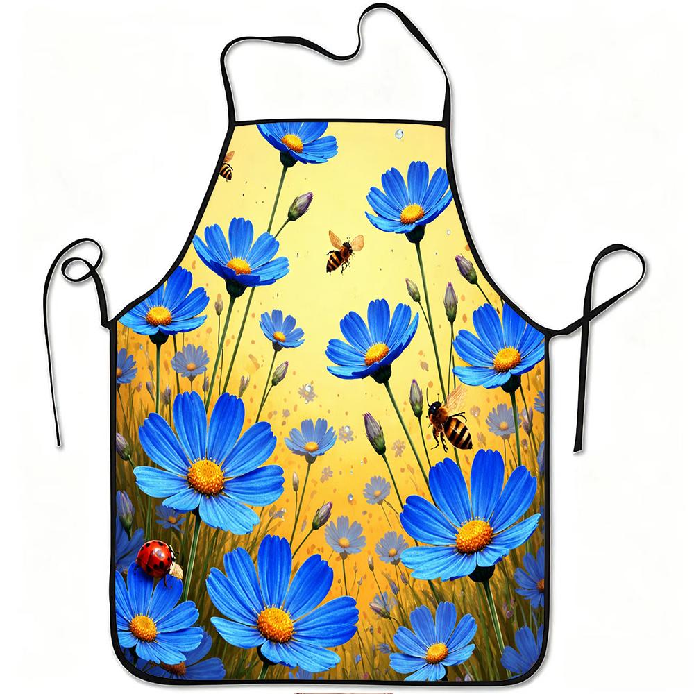 1pc Blue Daisy and Bee Print Apron, Durable and Easy to Clean, Adjustable Waistband, Polyester Material, for Kitchen Cooking, Gardening, Orchard Picki