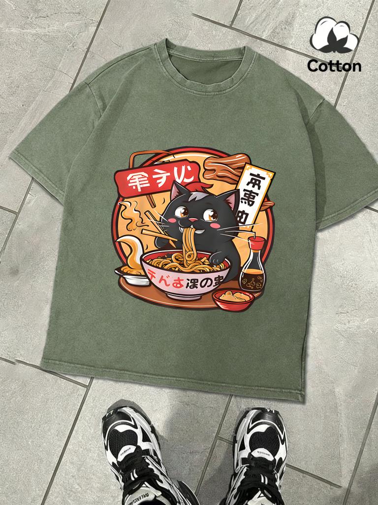 Cat Enjoying Delicious Lamian Noodles Retro Men TShirt Trendy ONeck Tee Fashion Clothing Unisex Cotton Loose Short Sleeve