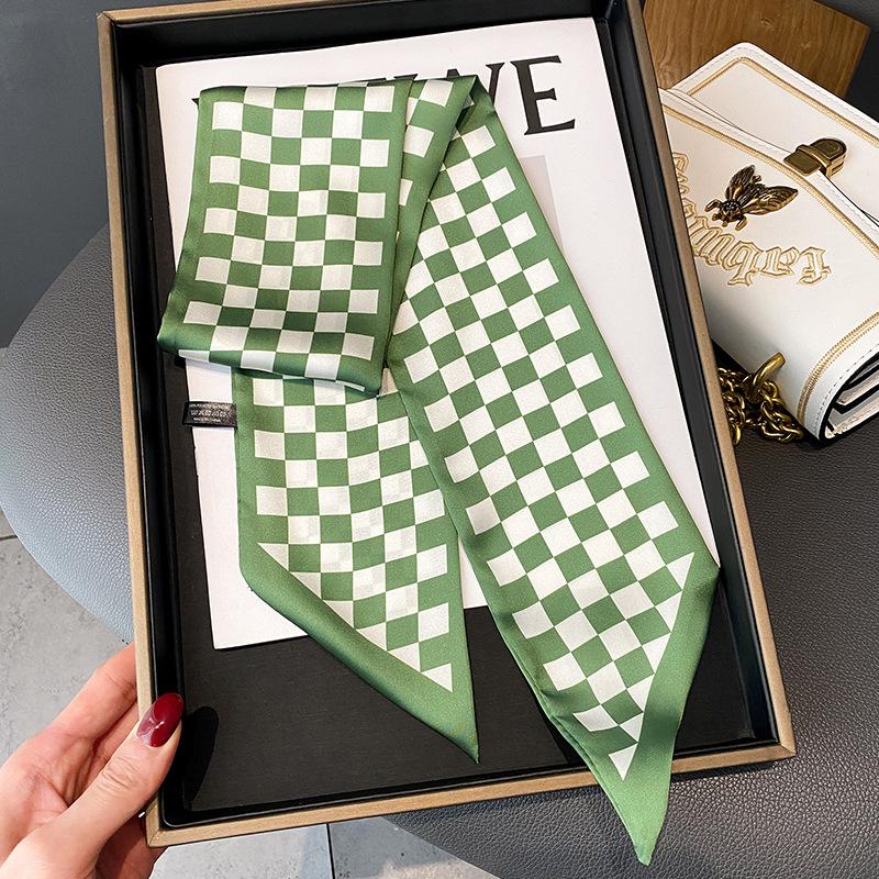 Skinny Ribbon Silk Scarfs for Women Luxury Lattice Checkerboard Print Neck Ties Hairband Bag Neckerchief Foulard Female Headband