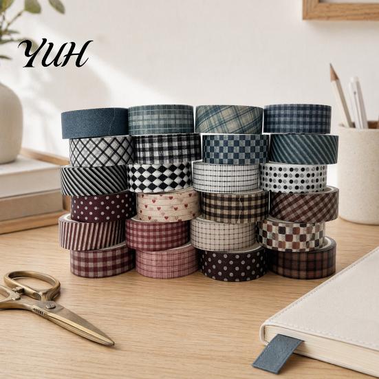 Crafting Washi Tape Rolls 6 Plaid Set, Grid Checkered Pattern Masking Tape, Self Literary Art Style Adhesive Decorative for DIY Crafts, Journal,