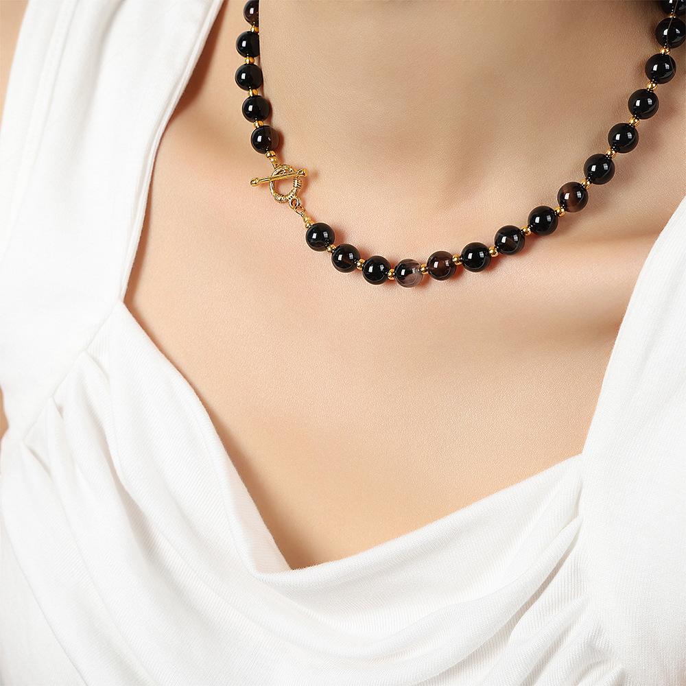 Natural Agate Round Beads Beaded Ot Buckle Necklace Titanium Steel Versatile Personality Exquisite Temperament Collarbone Chain Maillard Accessories