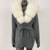 Womens Oversized Knit Cardigan With Real Fox Fur Collar Mid-Length Open Front Sweater Winter