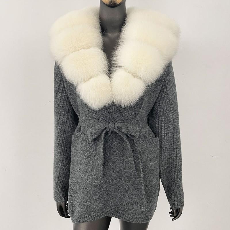 Womens Oversized Knit Cardigan With Real Fox Fur Collar Mid-Length Open Front Sweater Winter