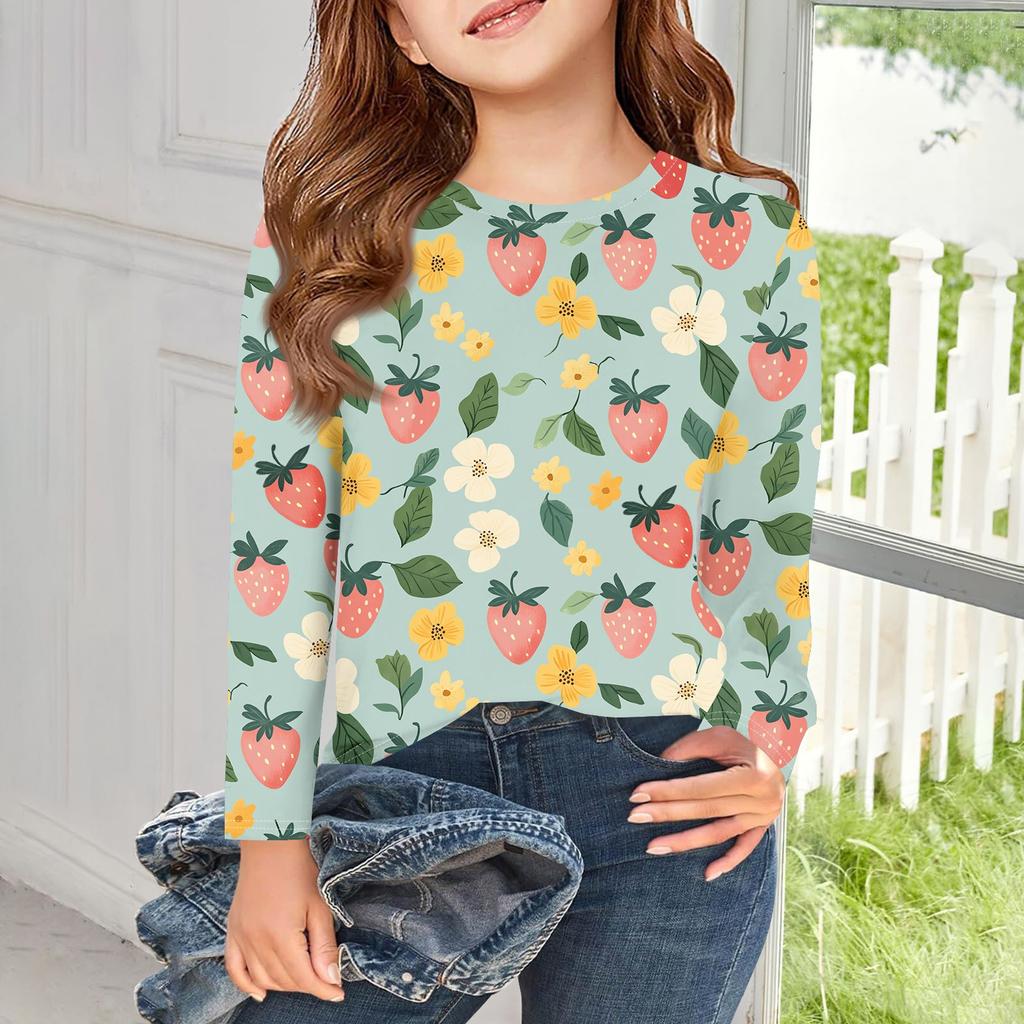 Футболки с длинным рукавом для девочек, детские осенние топы с круглым вырезом и принтом, базовые футболки для детей 5–14 лет