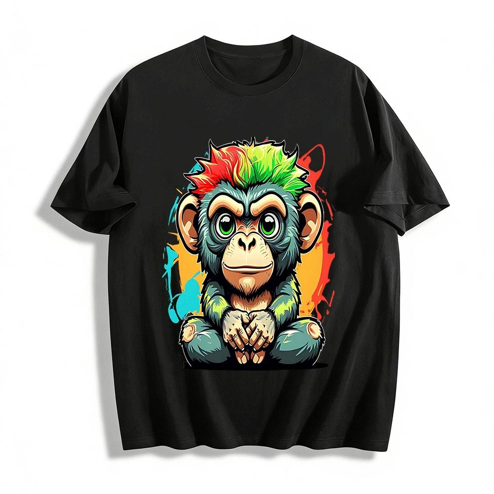 Trendy Color Block Punk Style Cute Monkey Print Casual Unisex T-Shirt Pure cotton T-shirt