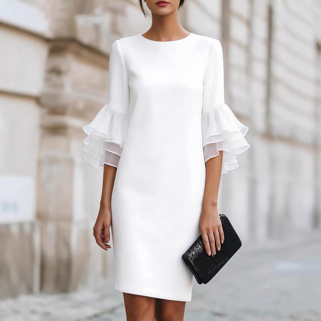 New Arrival: Elegant Ruffled Bell-Sleeve Fitted Dress for Women