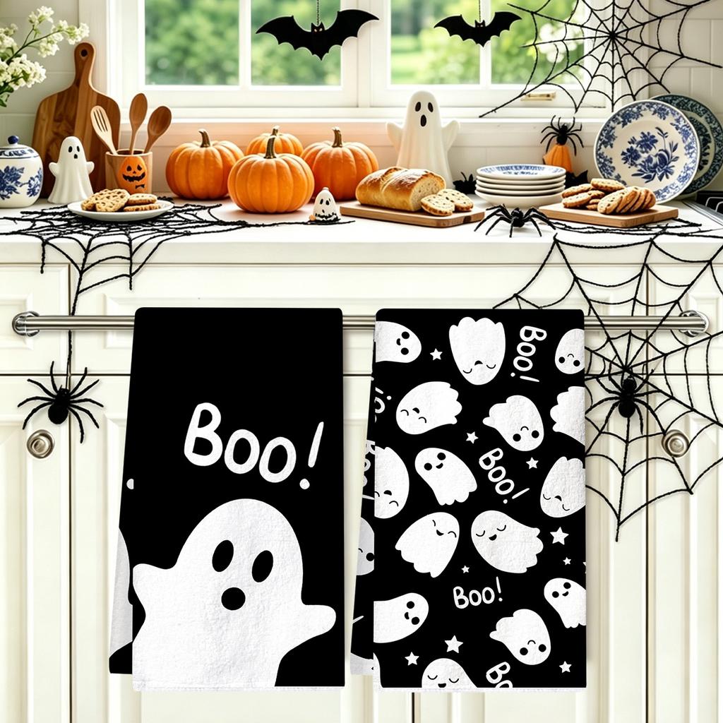 2pcs Halloween Dish Towel Spooky Boo Design Kitchen Towel Soft Absorbent Superfine Fibre Dish Cloth for Halloween Party Supplies