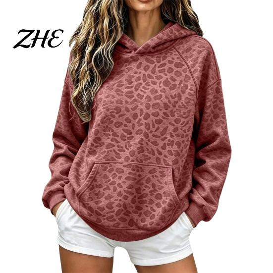 Relaxed Fit Hoodie Women Leopard Print Hoodie, Oversized Drop Shoulder Hooded Sweatshirt with Pocket, Comfortable Long Sleeve Loose Casual Pullover