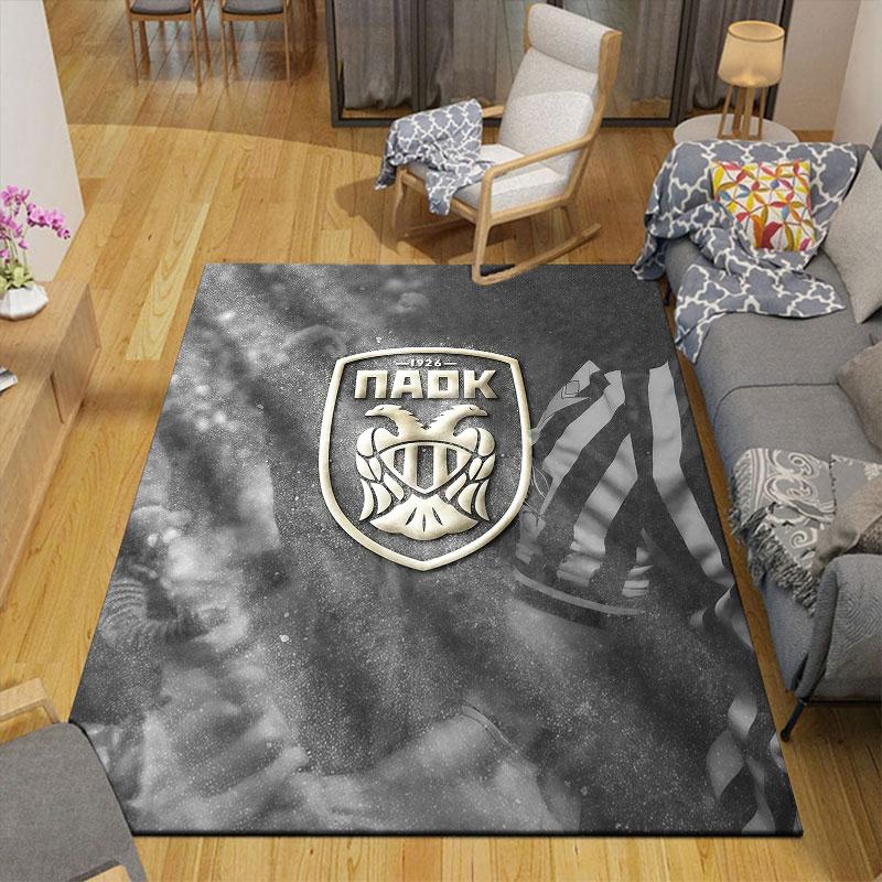 PAOK FC Art Flannel Printed Carpet, Home Sofa Decoration for Living Room & Bedroom, Non‑Slip Play Flannel Floor Mat for Game Room
