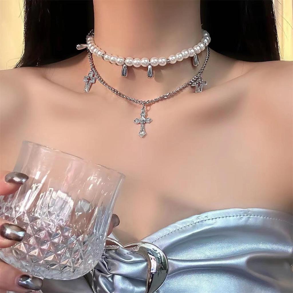 Европейское и американское многослойное жемчужное ожерелье-крест - дизайн Y2K Punk Spicy Sweet