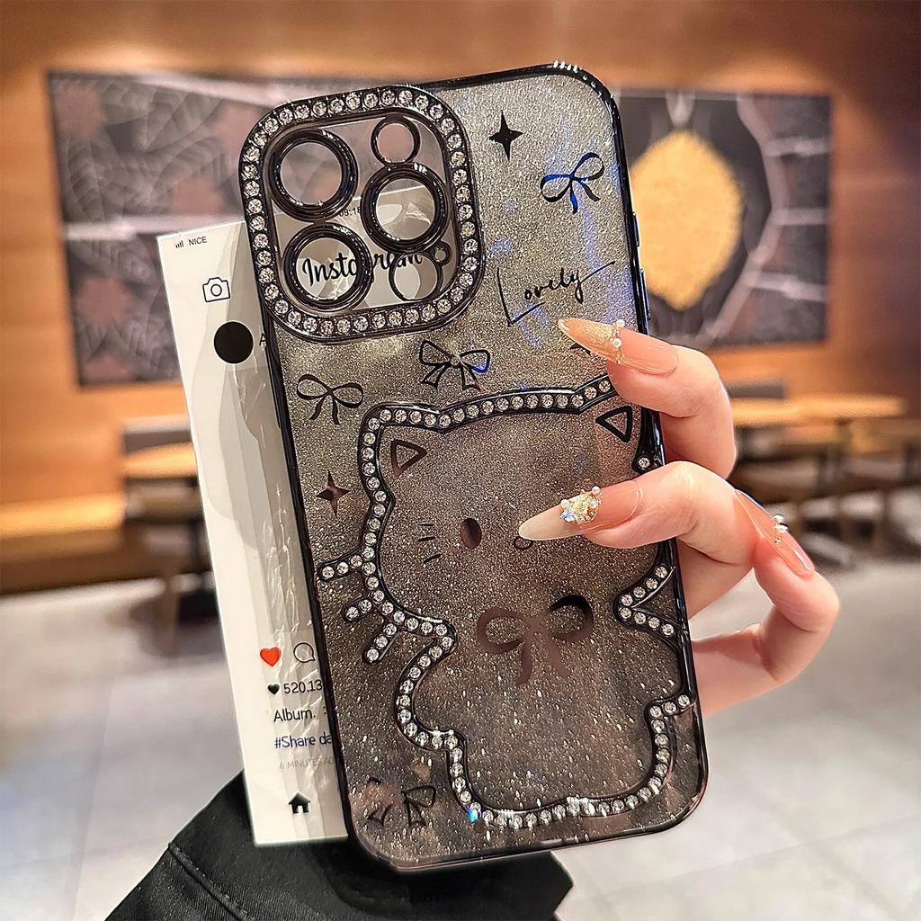 Cat Plating Glitter Case for iPhone 16 15 14 13 12 11 Pro Max Bling Diamond Soft Shockproof Cover for iPhone 15 16 Plus