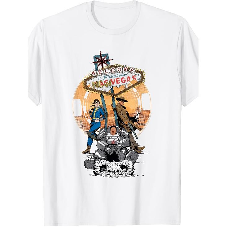 Fallout Welcome To New Vegas Neon Sign With Characters Tv Unisex T-Shirt | Casual Crew Neck, Slight Stretch Fabric, Regular Fit, Print Pattern,
