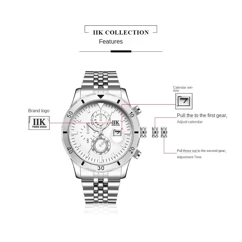 IIK Водонепроницаемые спортивные часы с календарем, мужские наручные часы с ободом, деловые кварцевые мужские часы