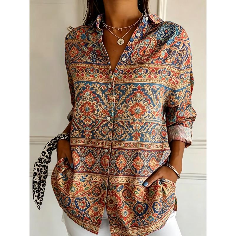 Women's Spring Summer Colorful Ethnic Floral Geometric Print Button Down Shirt, Casual Daily Printed Collared Blouse