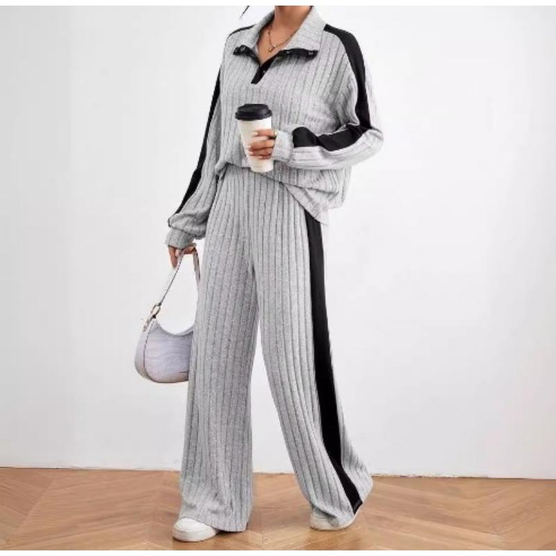 Женский повседневный ребристый спортивный костюм с воротником-поло, дизайн Sense, толстовка с капюшоном, широкие спортивные штаны, комплект из двух предметов