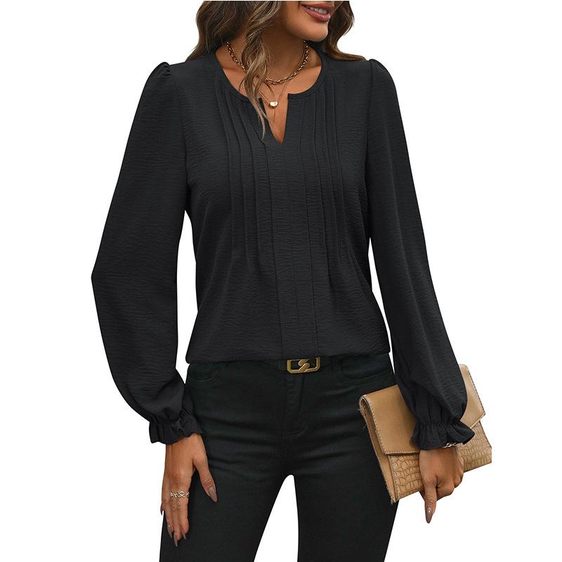 QICED Женские модные повседневные летние весенние однотонные блузки и рубашки с v-образным вырезом и длинными рукавами с принтом