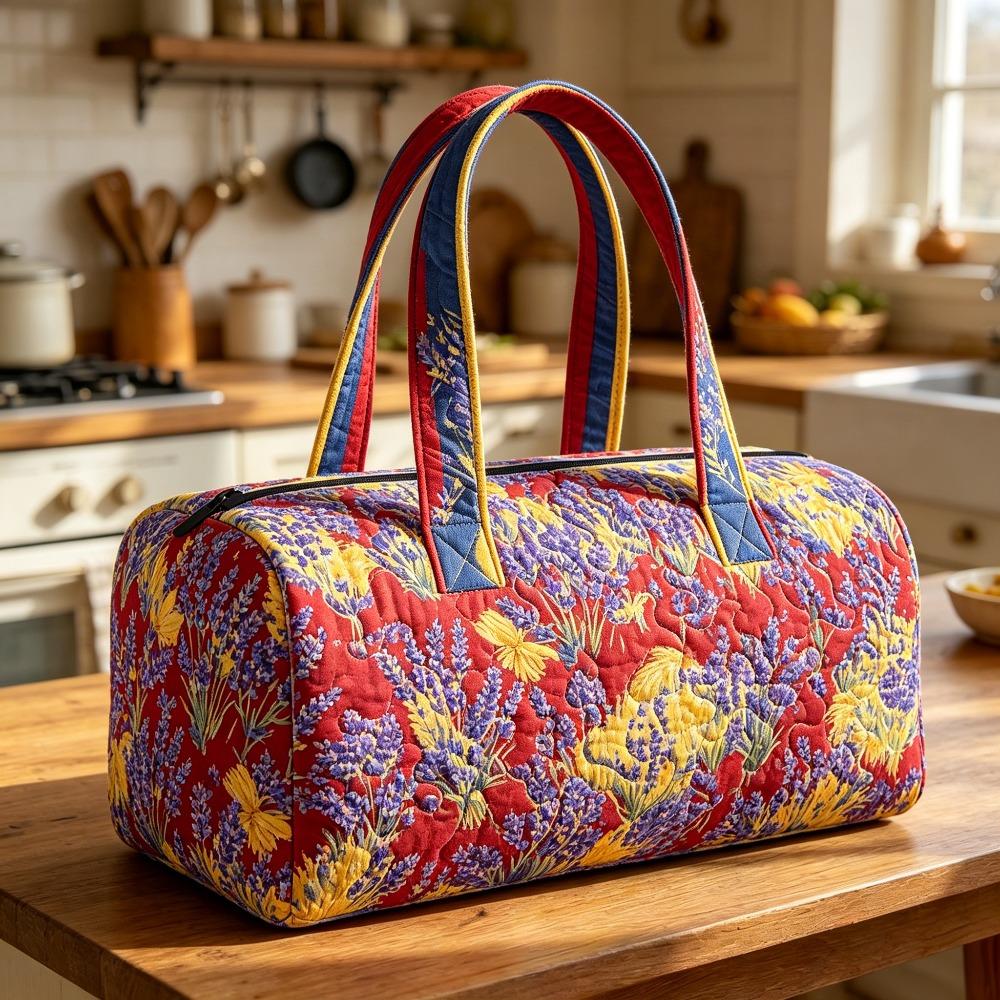 Quilted travel handbag Provence floral print weekend bag Bohemian leisure travel fitness bag vibrant red background lavender and sunflower graphic