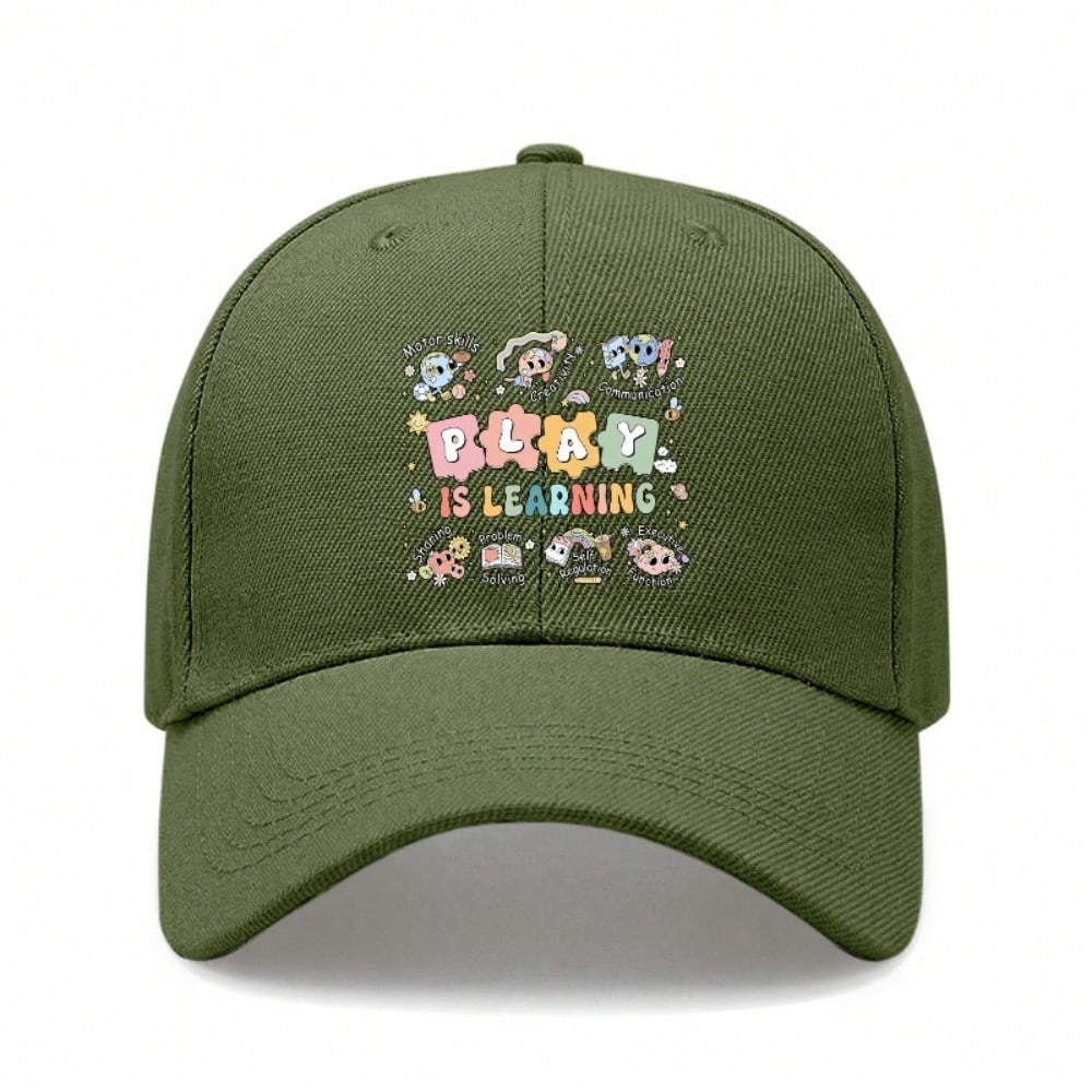 Black Baseball Cap - "PLAY IS LEARNING" Graphic Print Adjustable Polyester Breathable Lightweight Sun Protection Casual Outdoor Sports Hat For Daily