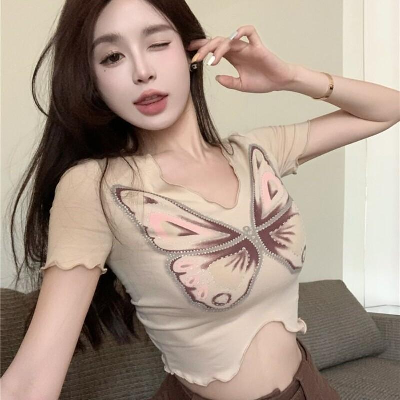 Summer unique chic design sense niche butterfly print short-sleeved t-shirt female pure desire hot girl tight v-neck short top