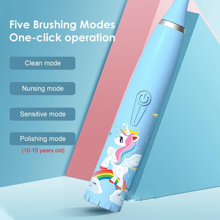 Детская электрическая зубная щетка с 5 сменными насадками, ультразвуковые электрические зубные щетки с героями мультфильмов, перезаряжаемая щетка для чистки зубов для детей