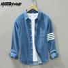 Spring and Summer Long Sleeve Denim Shirt Men Daily Casual 100% Cotton Jean Shirt Pocket Turn Down Collar Striped Shirt Korean Style Men Clothing