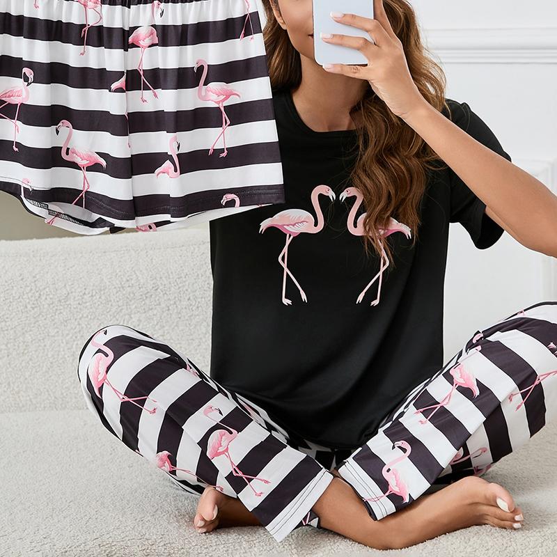 Женский топ с короткими рукавами и круглым вырезом, шорты и брюки, комплект из 3 предметов для дома, пижамные комплекты, ночная рубашка с принтом, повседневный пижамный комплект