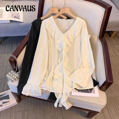 Женские топы с длинными рукавами больших размеров на весну и лето, кружевная шифоновая блузка, жаккардовые ажурные топы