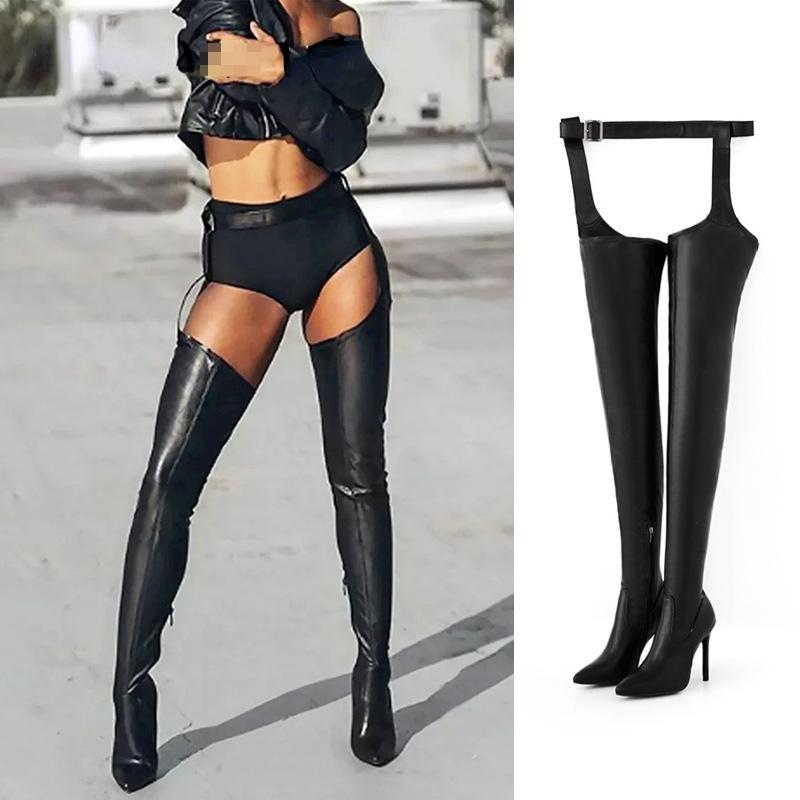 Женские сапоги Chap Boots Stretch с застежкой-молнией и поясом на талии с острым носком на высоком каблуке. Ботинки до бедра. Сексуальные женские туфли на шпильке. Большой размер 35-43.