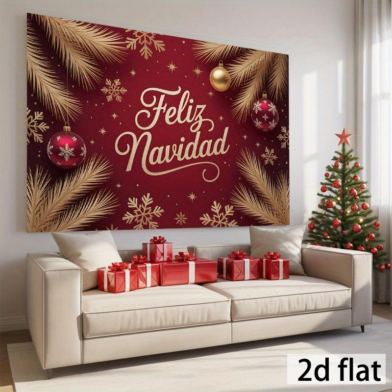 1 piece Spanish style "Feliz Navidad" Christmas banner with golden letters red snowflakes and pine branches design