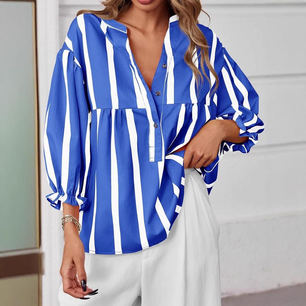 Amazon cross-border Europe, America and 2026 summer and autumn new women's clothing striped shirt bubble sleeves loose top popular women